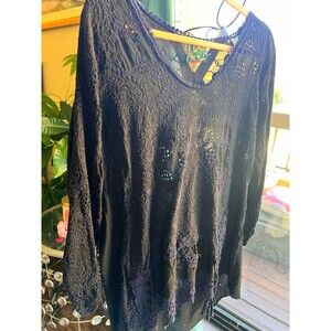 Beautiful Johnny Was Black Tunic Embroidered + Eyelets Roll-up Sleeve Size Large